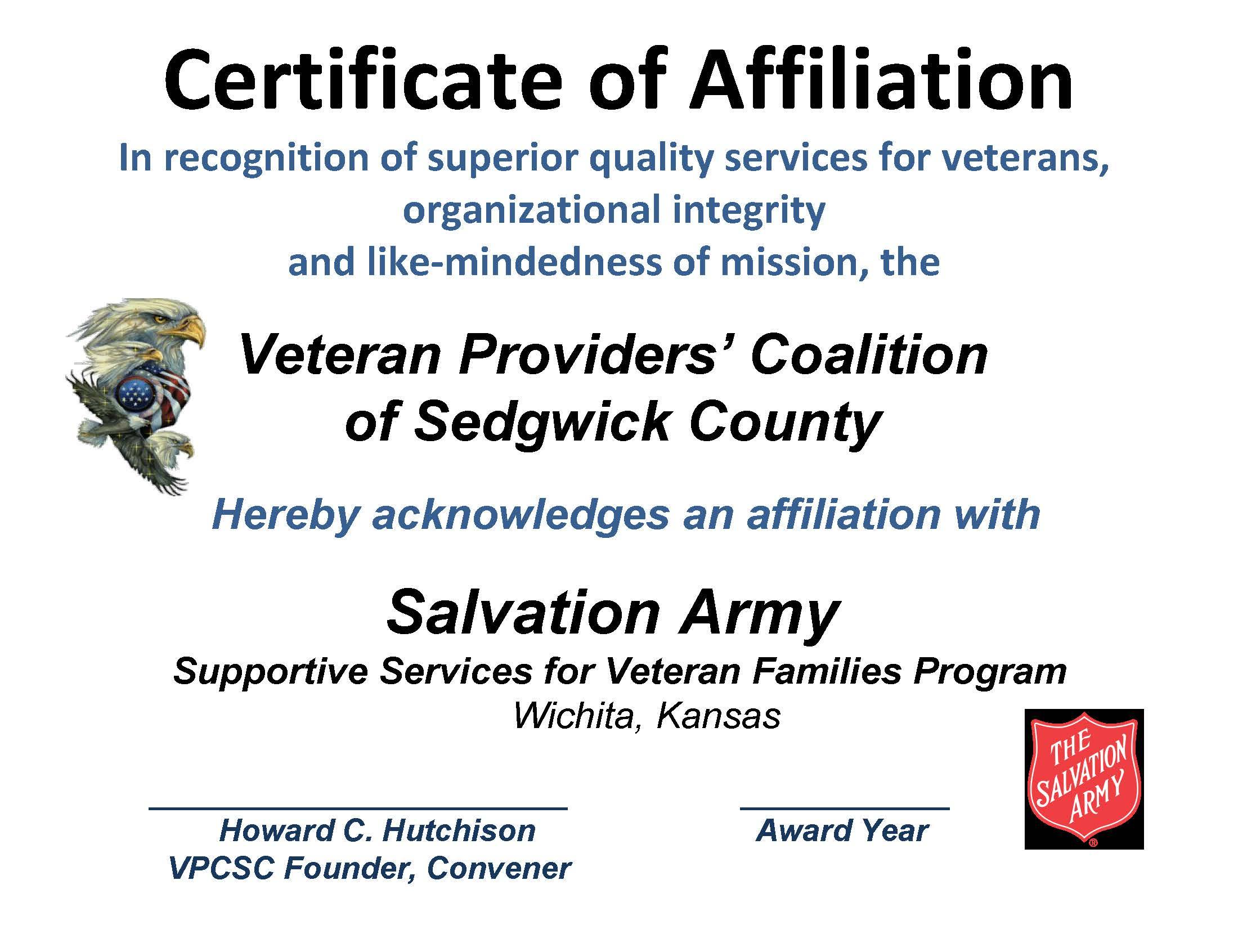 AFFILIATION CERT SALVATION ARMY 2015