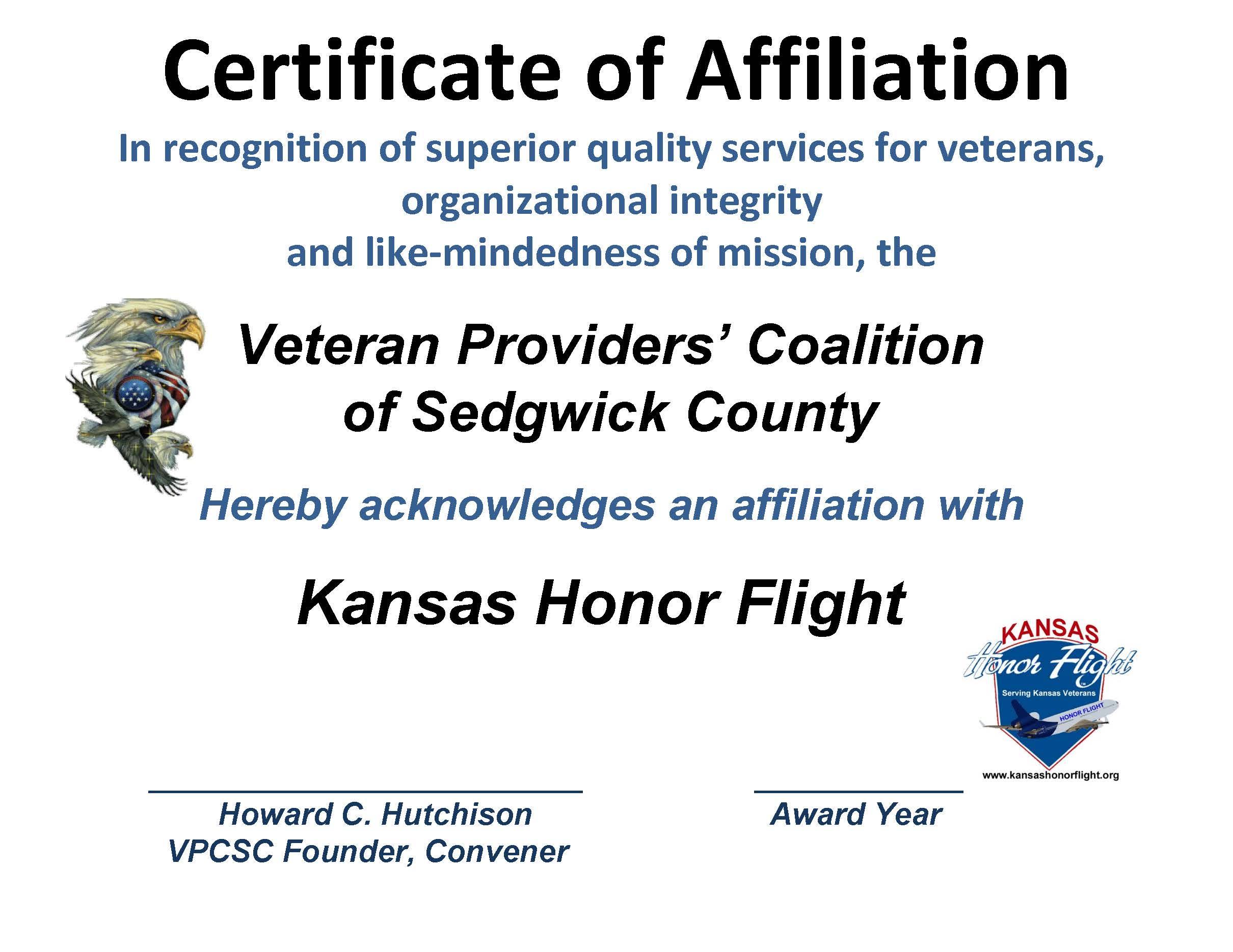 AFFILIATION CERT. KS HONOR FLIGHT 2015