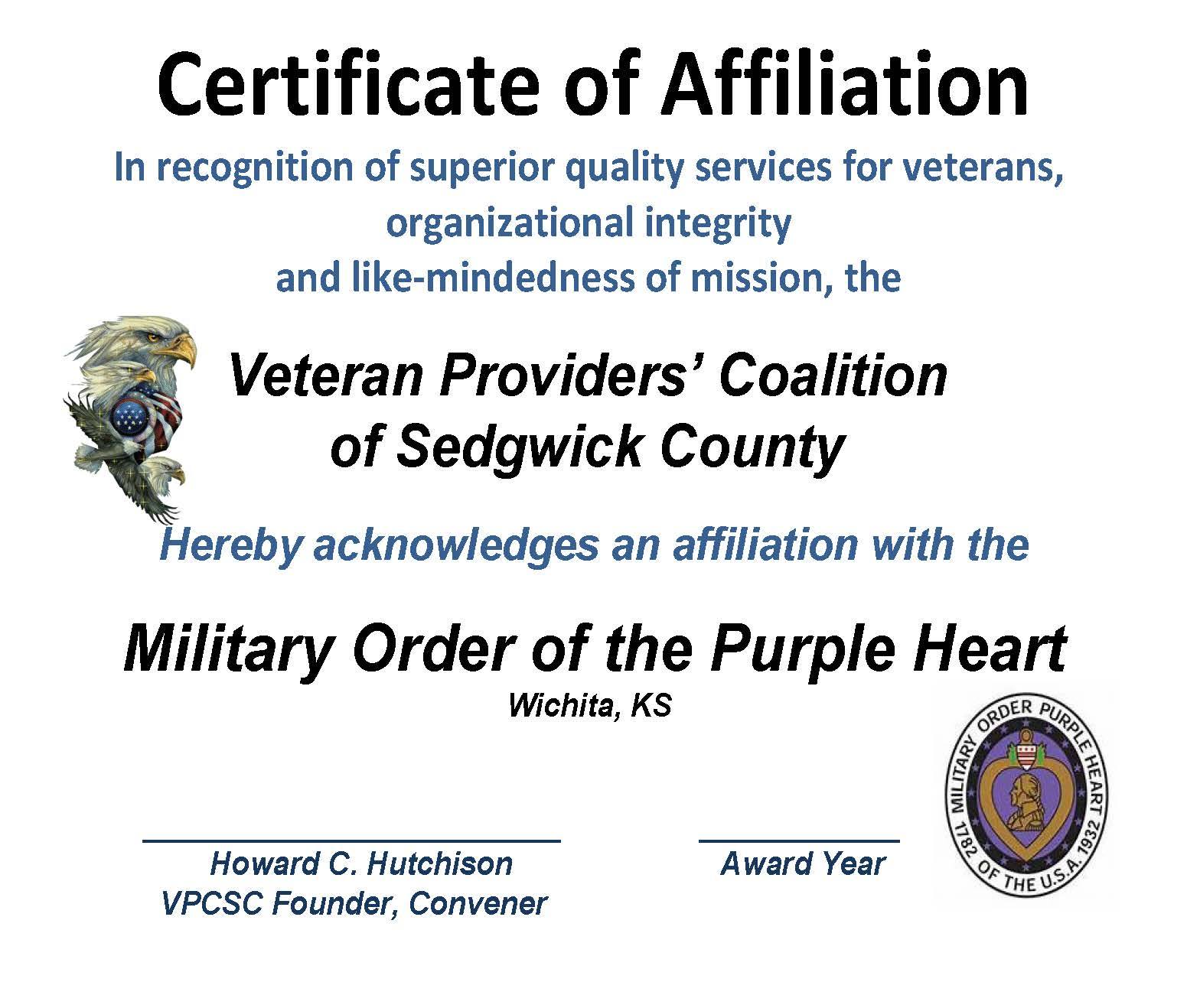 AFFILIATION - CERT. PURPLE HEART 2015