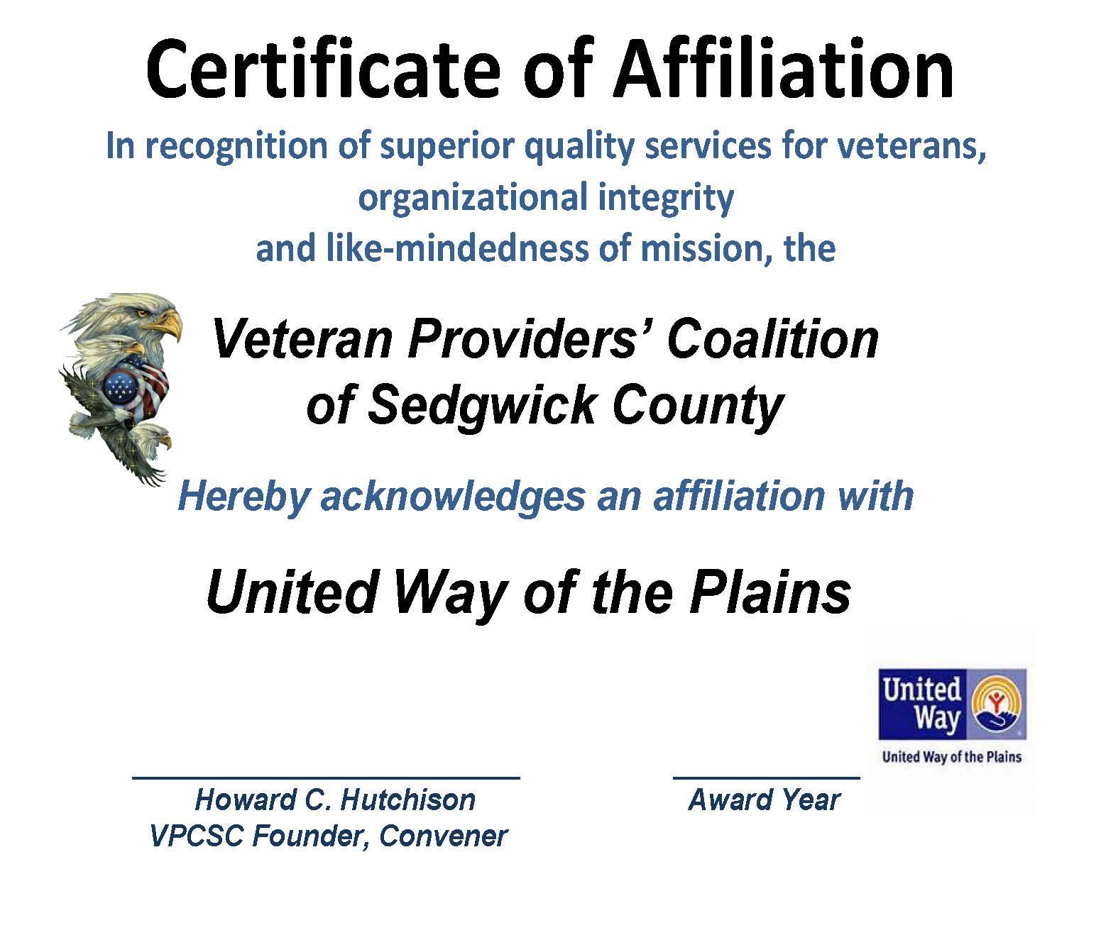 AFFILIATION CERT. UNITED WAY 2015